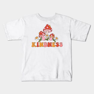 Seventies retro slogan Kindness, with fly agaric mushrooms and hippie flowers - daisies Kids T-Shirt